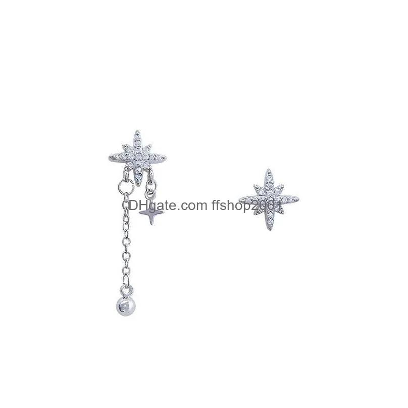 fashion jewelry s925 silver post earrings asymmetrical inlaid diamond star tassel stud earrings