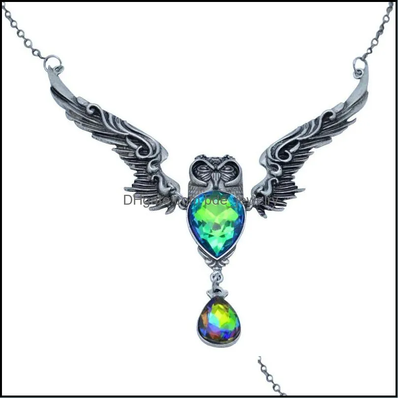 animal owl necklace unisex women big crystal pendant necklaces metal alloy silver color long chain statement necklaces