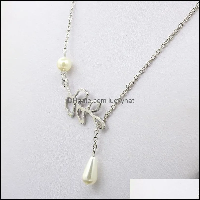 pearl pendant necklace silver leaf imitation pearl drop cross necklace jewelry gift pearl pendant necklace luckyhat