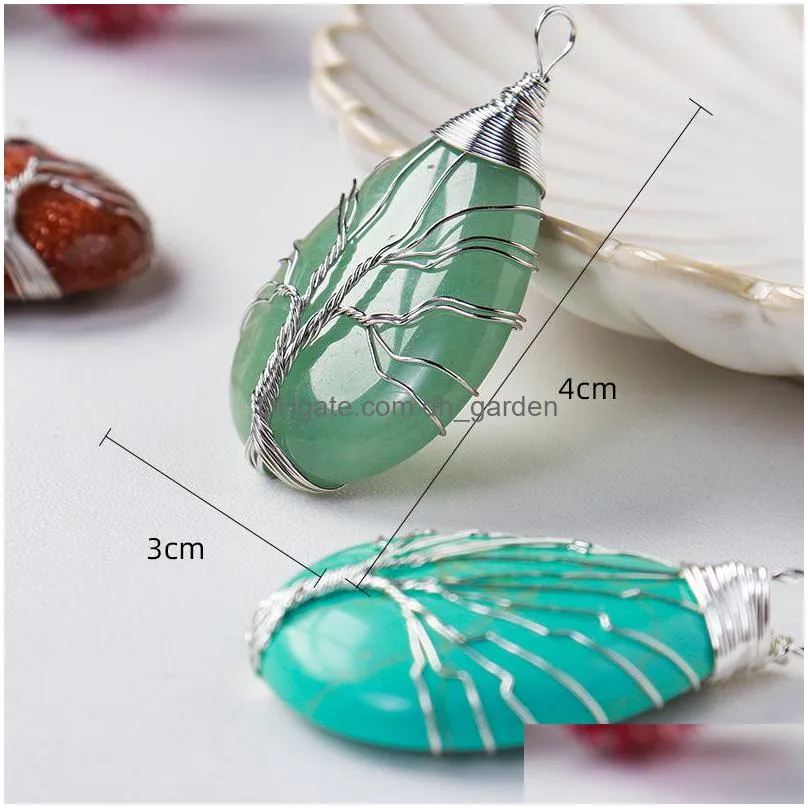 natural stone healing crystal tree of life charms waterdrop pendants rose quartz wire wrapped trendy jewelry making necklaces