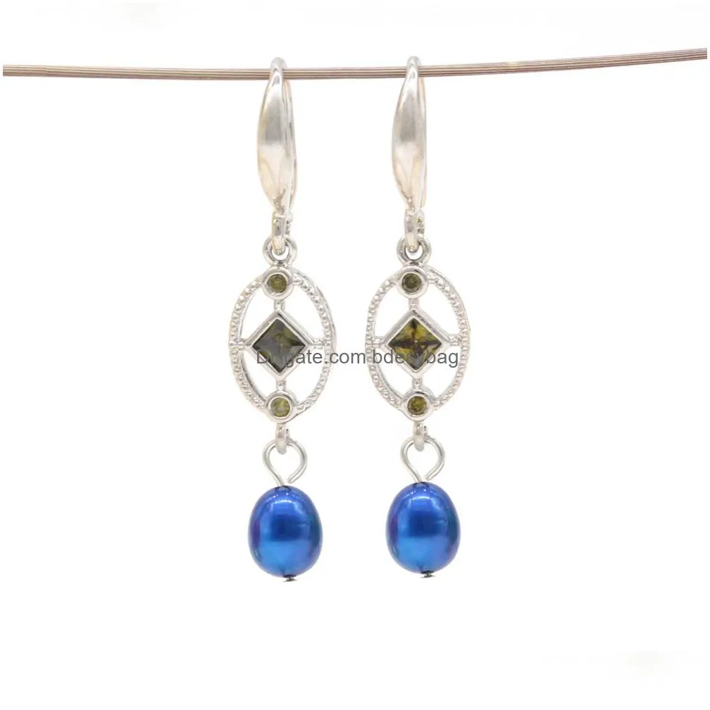 gem rhinestone drop earrings freshwater oval pearl earrings dyed color 78mm rice pearl hoop earring with zircon gem fashion jewelry