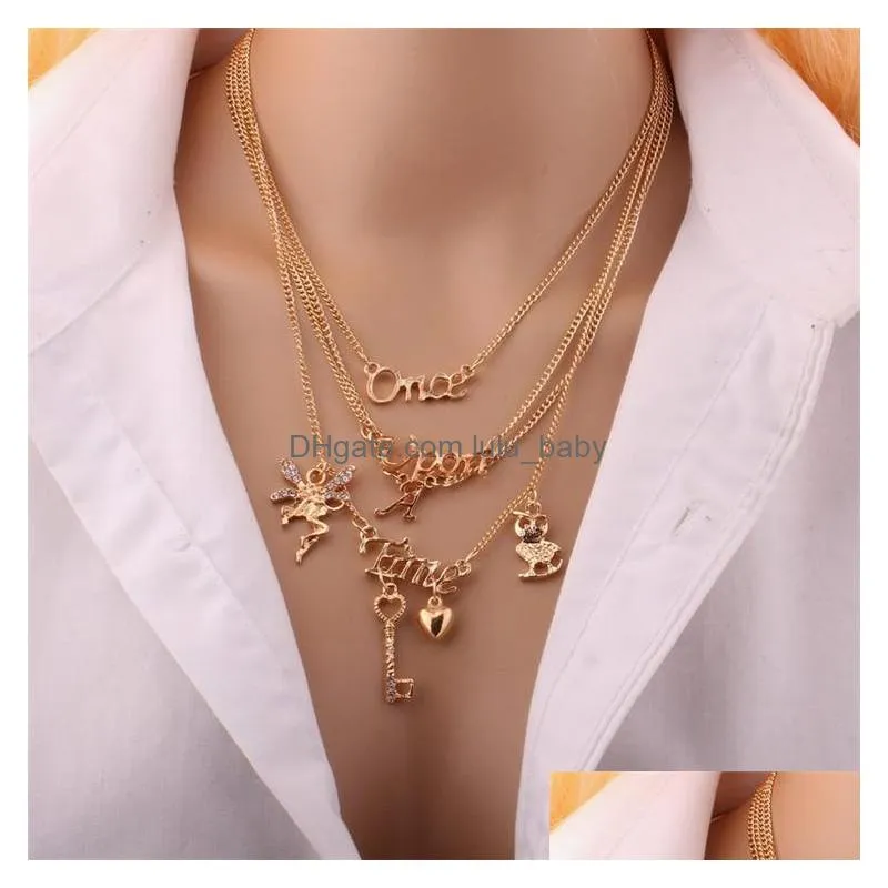 fashion jewelry womens multilayer short style necklace once upon a time key angle owl letters pendants necklace