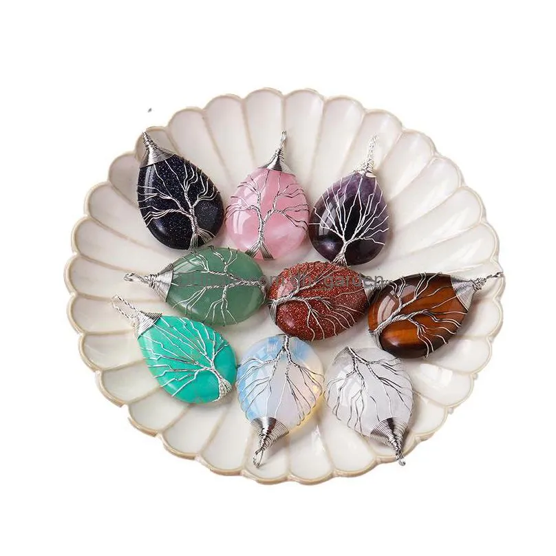 natural stone healing crystal tree of life charms waterdrop pendants rose quartz wire wrapped trendy jewelry making necklaces
