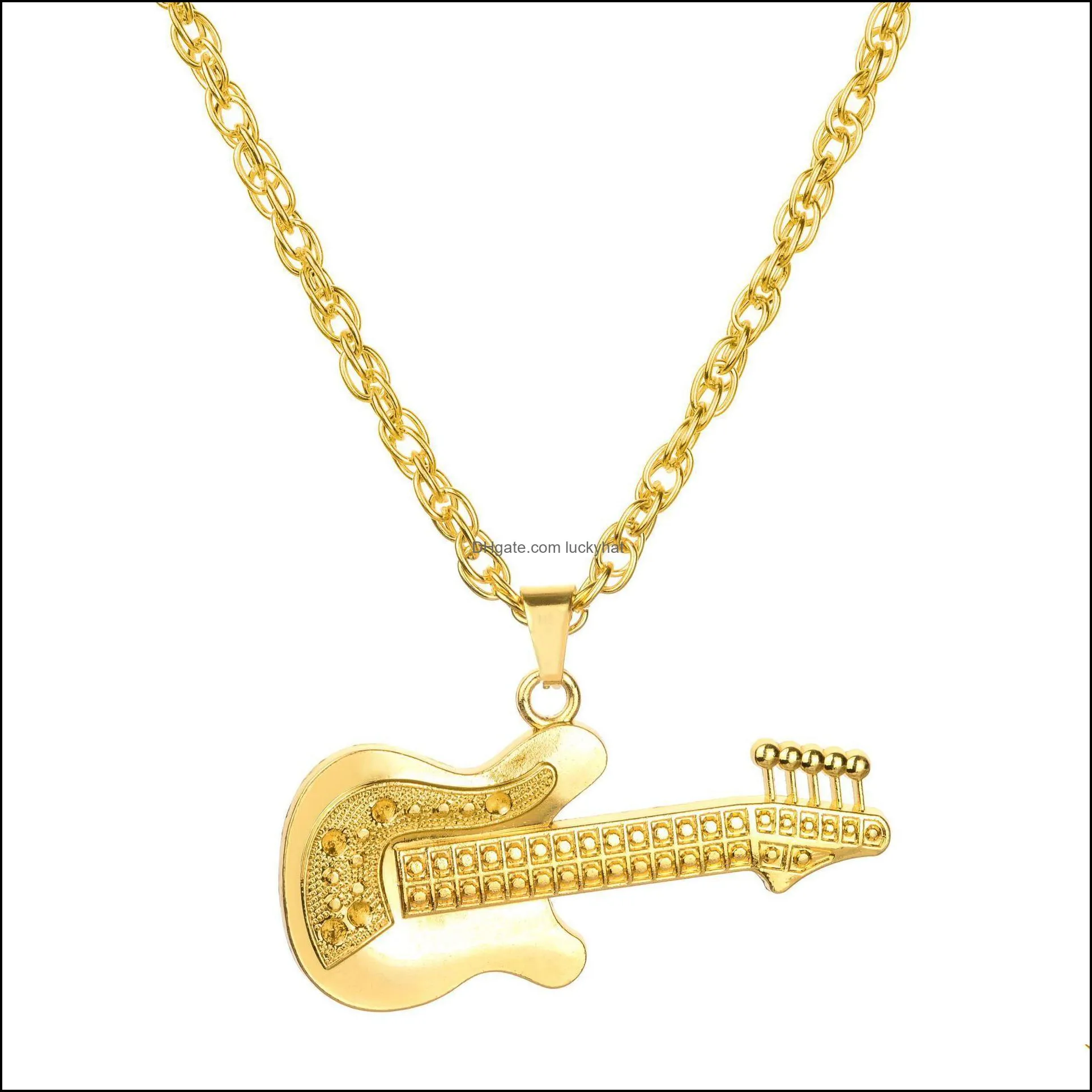 music guitar pendant necklace two tone silver/gold color mens yellow gold guitar pendant necklaces hip hop jewelry luckyhat