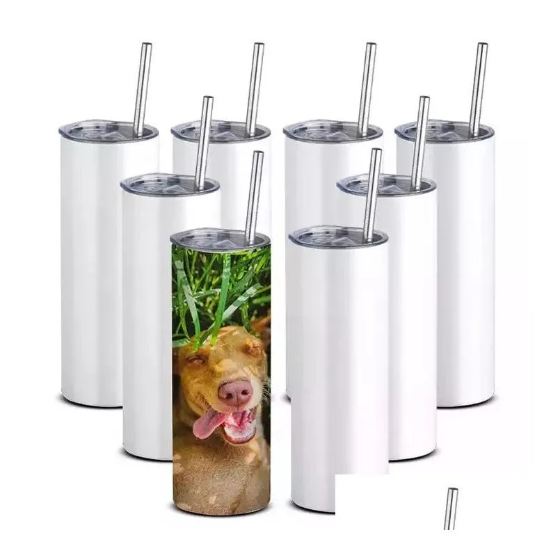 25/50pc/carton 20oz usa stock straight sublimation tumblers stainless steel insulated water bottle portable coffee tea mugs with plastic straw and