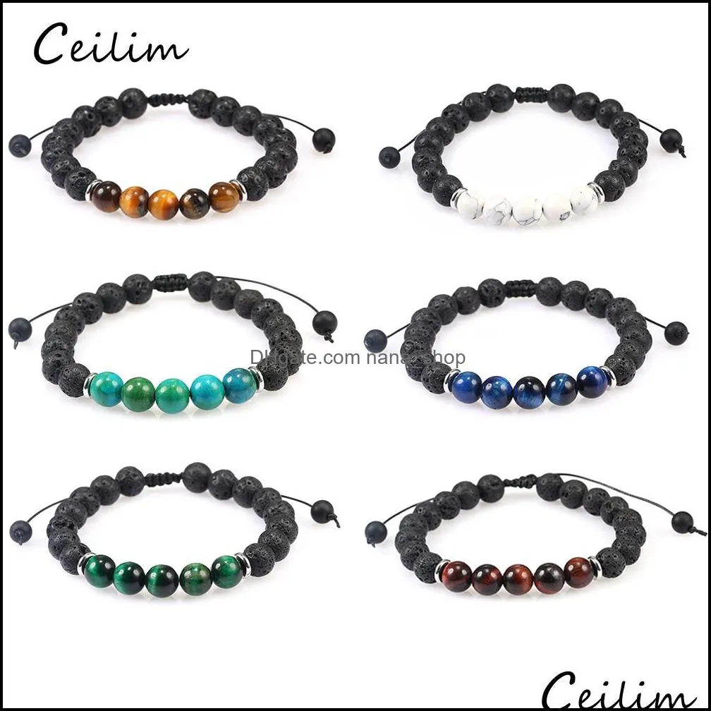 fashion 8mm black lava stone bead bracelets natural tiger eye volcanic stone handmade braided yoga beads bracelet for men women jewelry