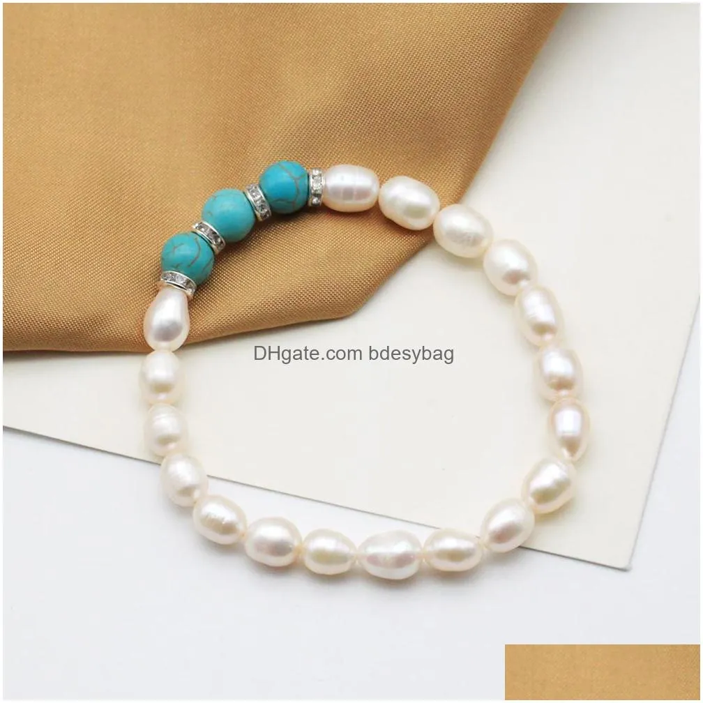 handmade freshwater cultured white rice pearl strand bracelet oval shape with three round gemstones stretched bangle for women jewelry love wish