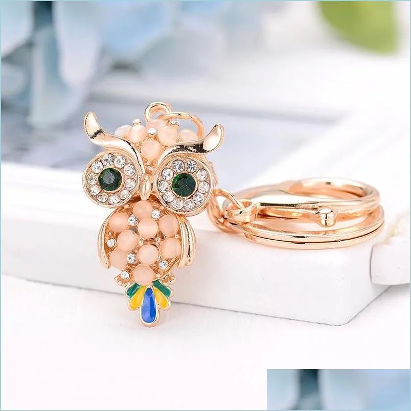 bag key chain opal owl cute rhinestone car keys ring holder for women girls fashion metal animal pendant keyrings jewelry gifts keych