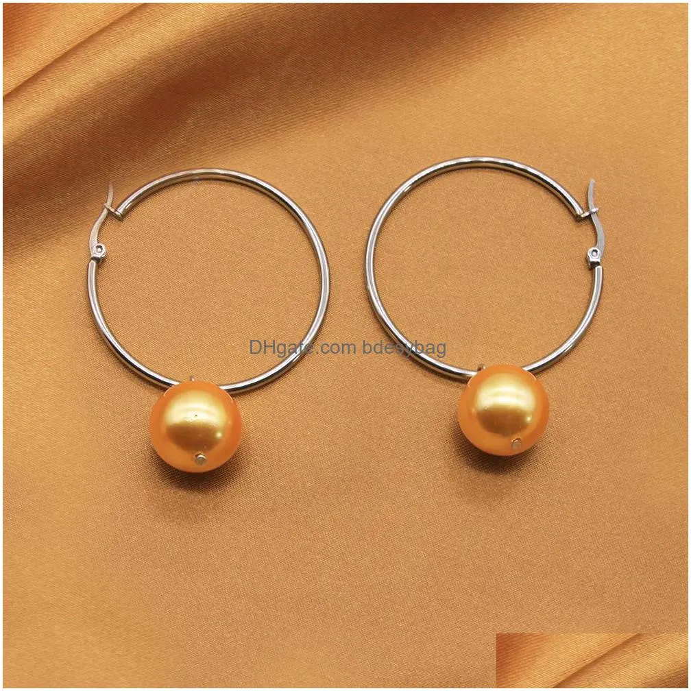 stainless steel hoop earring with round shell pearl 16mm dyed color drop earrings for women fashion jewelry