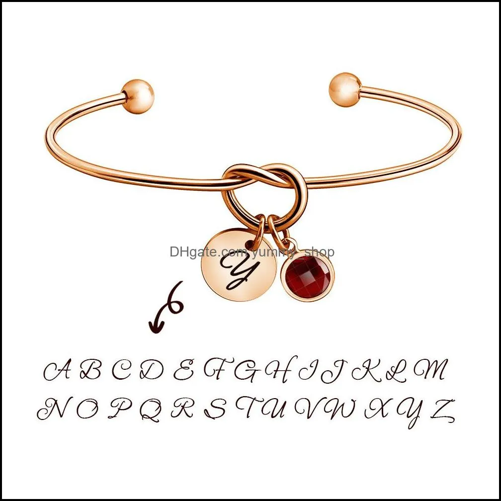 initial letter knot bracelet bangle love stainless steel openning bracelets with 12 colors birthstone charm pendant jewelry for women