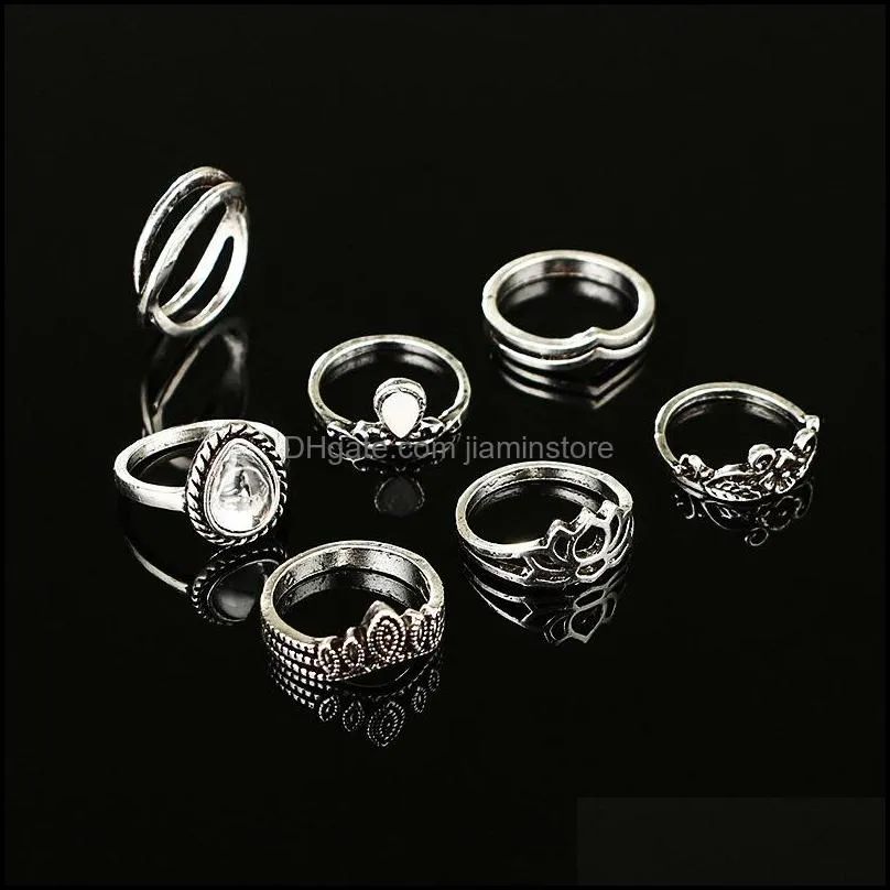 7pcs/set arrival flower gemstone carved ring set antique silver plated vintage bohemian turkish fashion women accessories