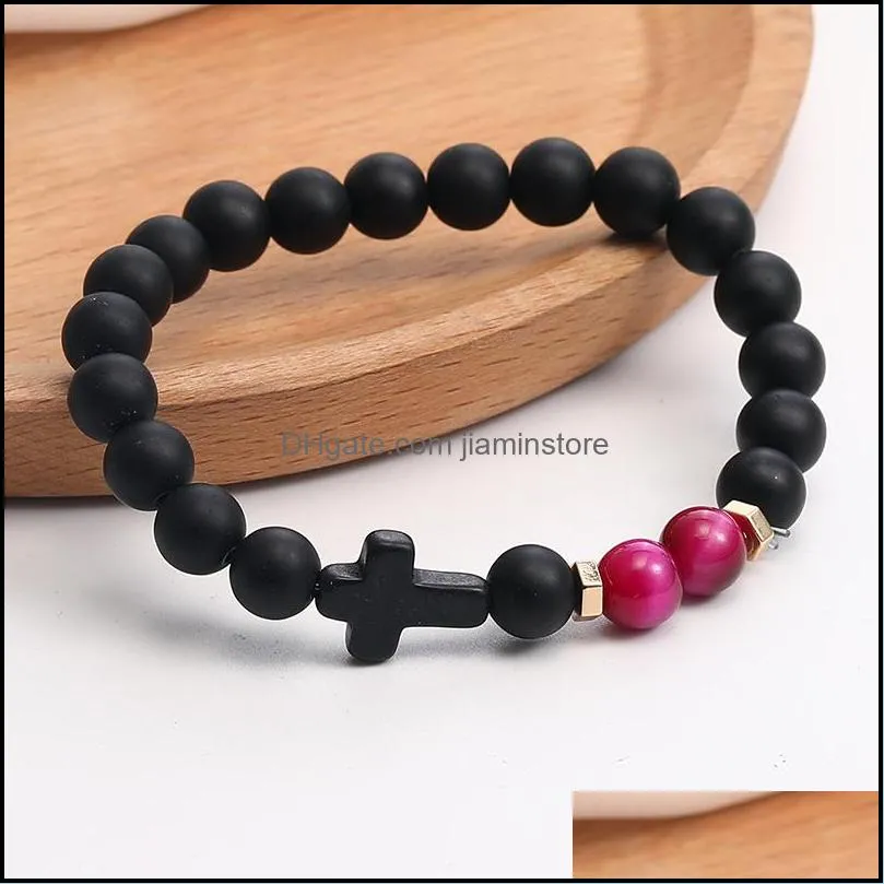  fashion mens natural stone cross charm bracelets black matte stone beaded bracelets handmade women men healing balance prayer