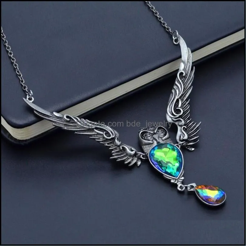 animal owl necklace unisex women big crystal pendant necklaces metal alloy silver color long chain statement necklaces