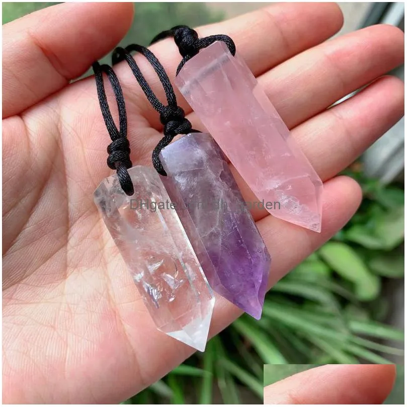 big bullet pendulum natural stone pendant amulet rose quartz crystal necklace healing amethyst fluorite lapis obsidian rope chain