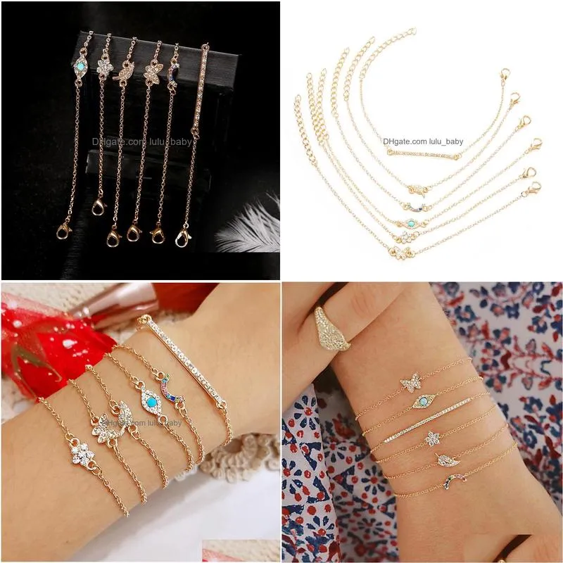 fashion jewelry multilayer bracelet set rhinestone butterfly leaf flower blue eye thin chain bracelets 6pcs/set