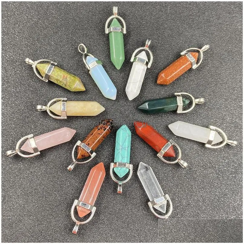 healing crystal natural stone pendant pillar shape charms turquoise tiger eye green rose quartz rope chain necklaces wholesale jewelry