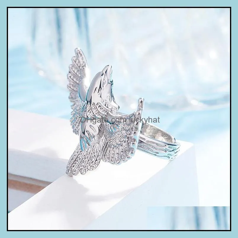 personality fashion retro gaucho  ring amazon  wings ring vintage  silver color adjustable aperture rings party gift luckyhat