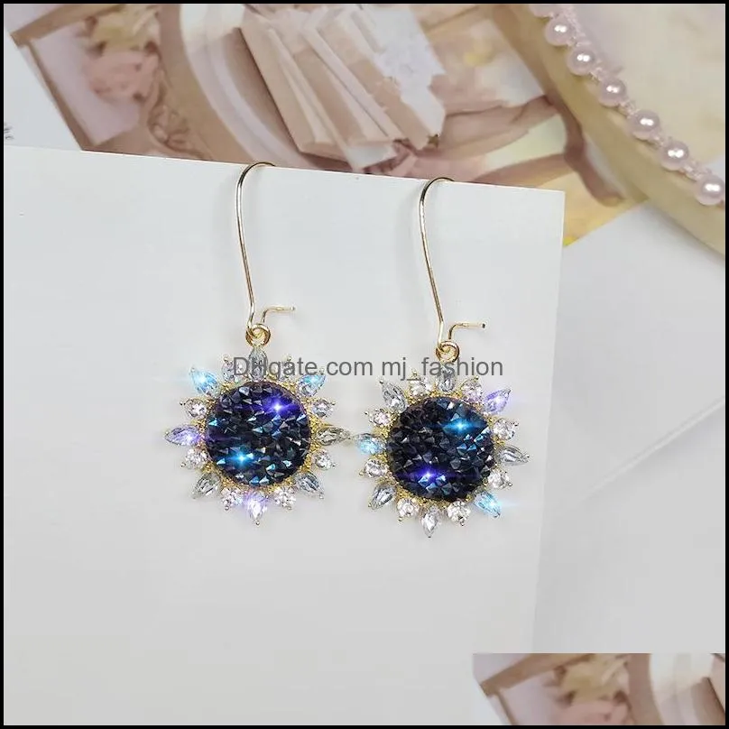 trendy crystal sunflower dangle earrings for women long simple shiny korean earring 2019 alloy round flower drop earrings jewelry