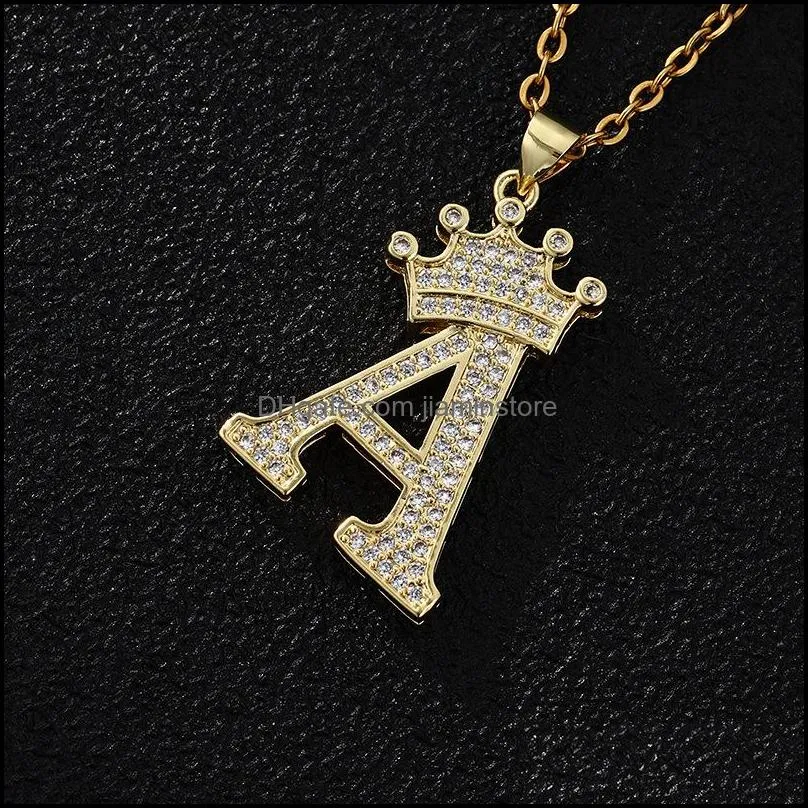 zircon initial necklace pendant 26 letter gold plating crown necklaces for women mens jewelry