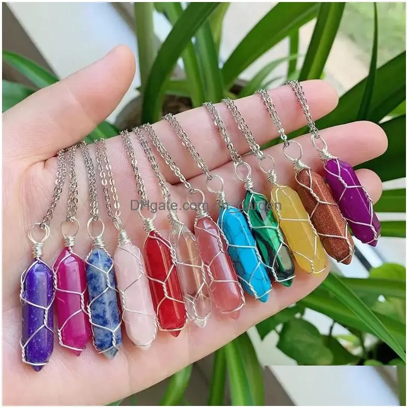 reiki healing jewelry multicolor natural stone pendant wire wrap hexagonal bullet amethysts quartz crystal pendulum chakra necklace