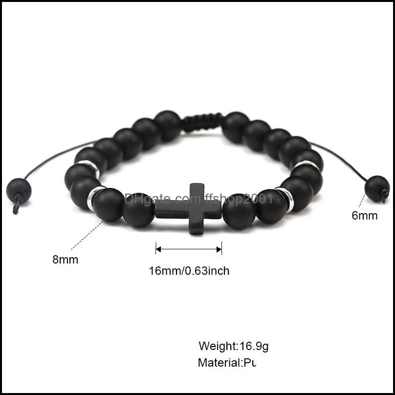 fashion mens natural stone bracelet cross charm bracelets black lava matte beaded bracelets handmade men women prayer fitness chain