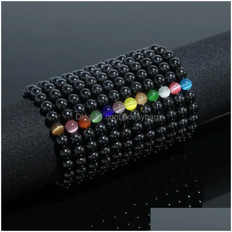 2019 hot natural black stone chakra bracelet 10pcs mixed gemstones crystal cat eye 8mm stone bead stretched