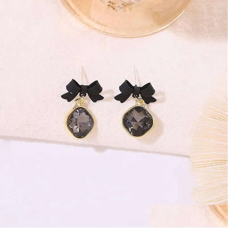 fashion jewelry s925 silver post earrings for women minority design black red bowknot retro llight luxury temperament rhinestone diamond