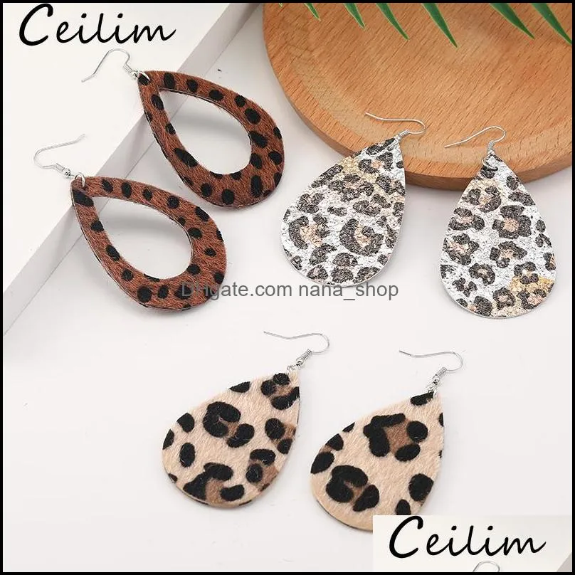 fashion leopard print leather earrings faux horse fur hollow out teardrop leather double side dangle earrings for women jewelry
