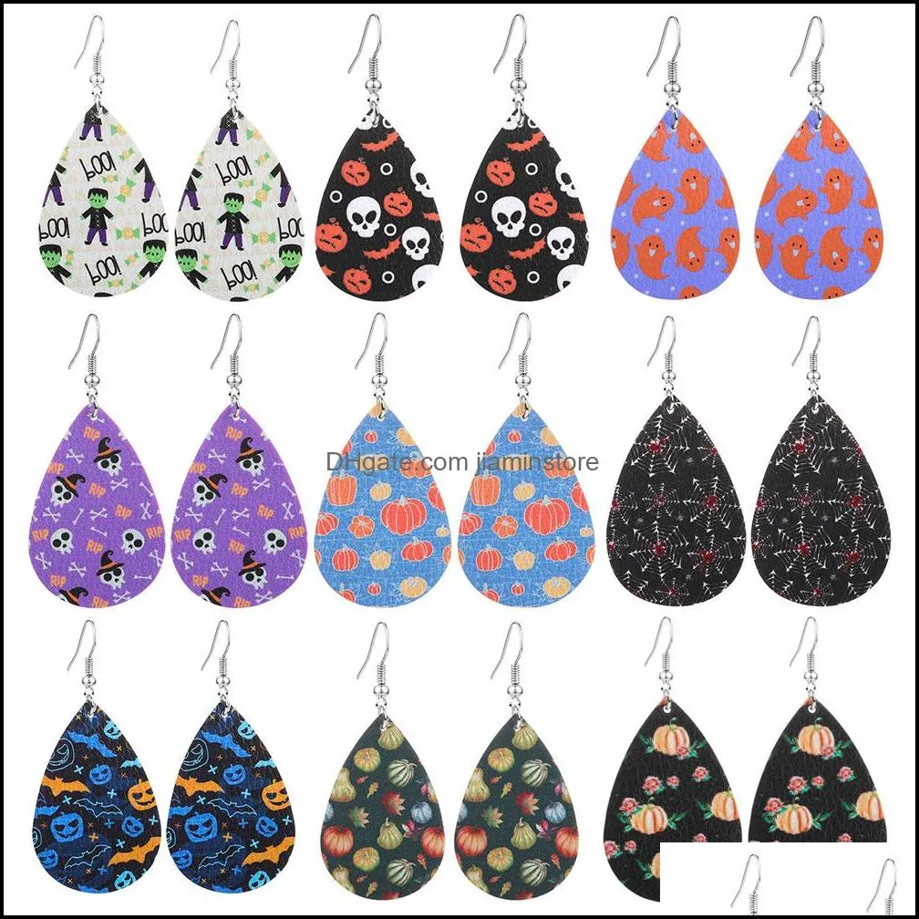  halloween leather earrings for women doublesided pattern pumpkin drop dangle earrings skeleton spider fashion party jewelry