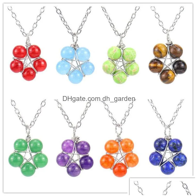 star flower shape 8mm stone ball pendant wire wrapped metal chain necklace healing reiki chakra jewelry wholesale