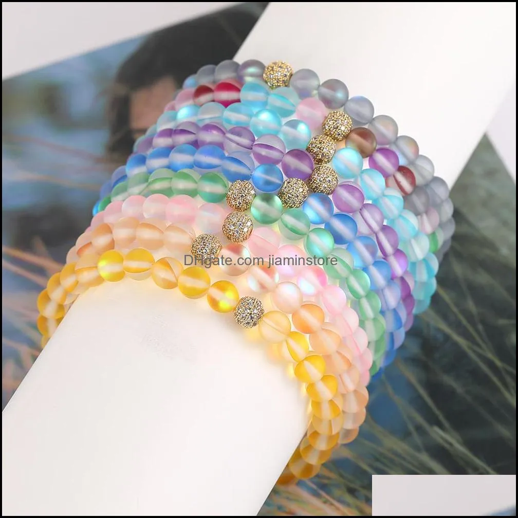  glass natural flash stone beaded bracelet for women men 12 colors moonstone dull polish frosted zircon micro paved beads charm