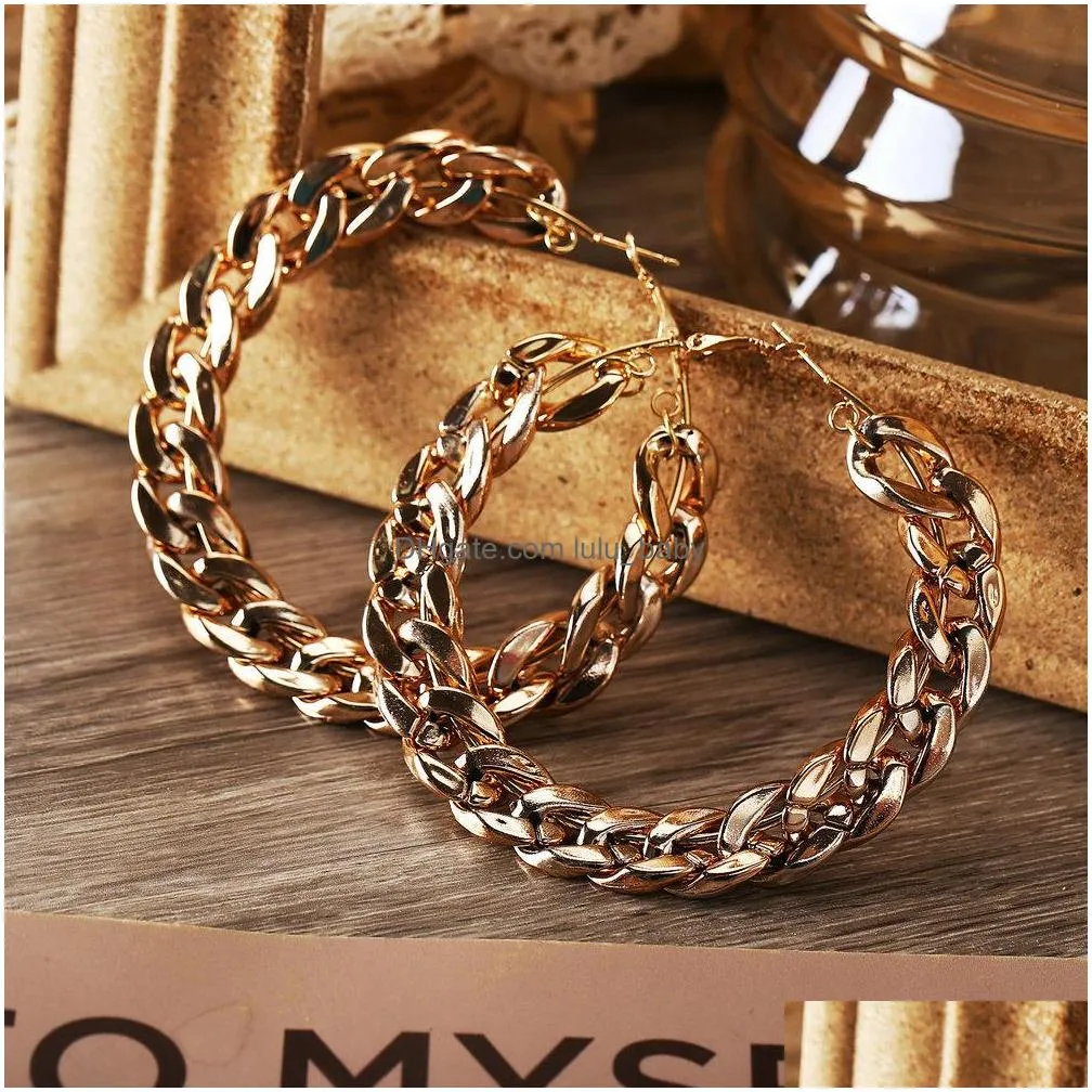 fashion jewelry chain earrings vintage exaggerated gold alloy chain hoop earrings
