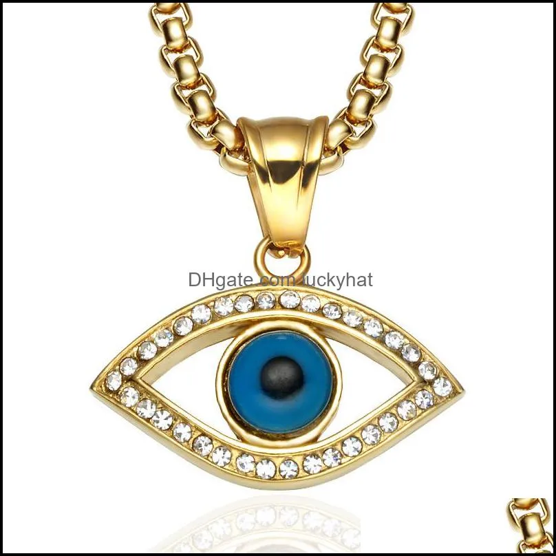 316l stainless steel men iced out blue eye of god pendant necklaces with zircon fashion long chain hip hop men jewelry luckyhat
