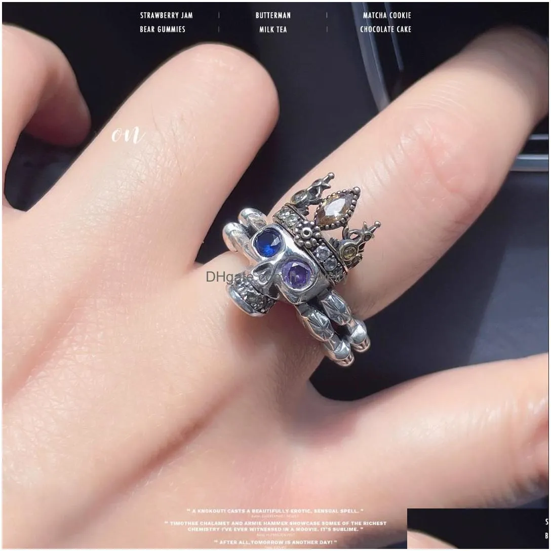 fashion jewelry copper silver plated king skull ring for women light luxury niche design blue purple zircon skulls rings