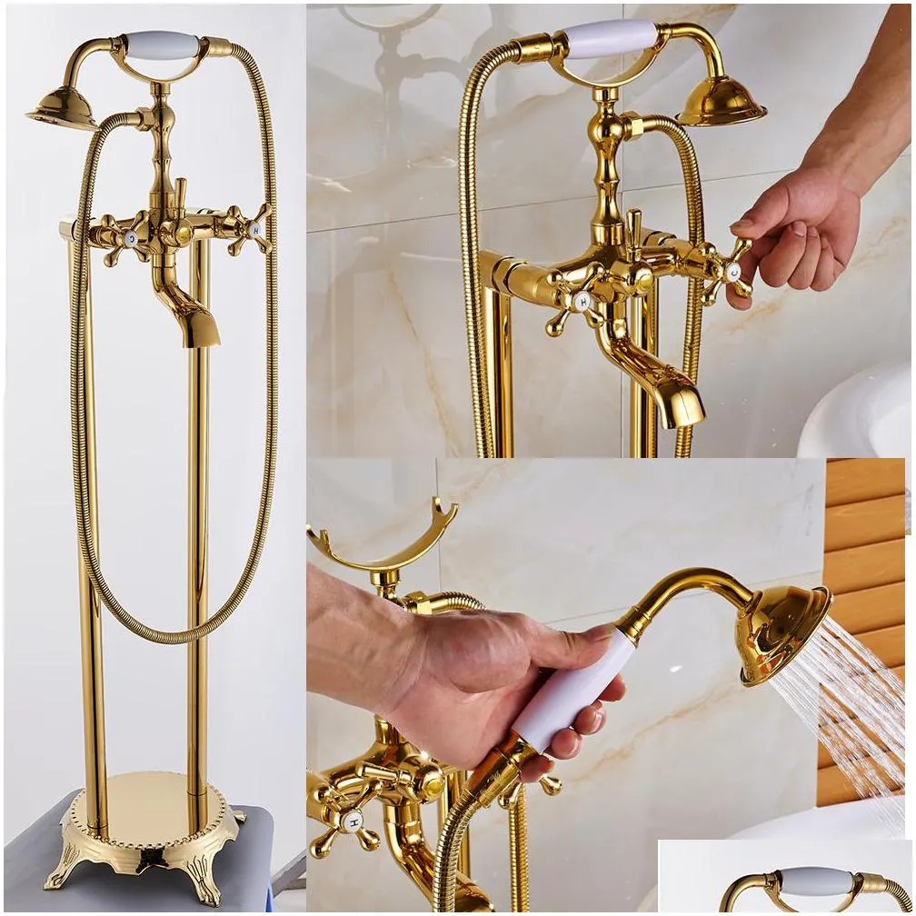 uythner gold floor mounted tub sink faucet dual handle bathroom bath shower set standing bathtub mixer tap with handshower