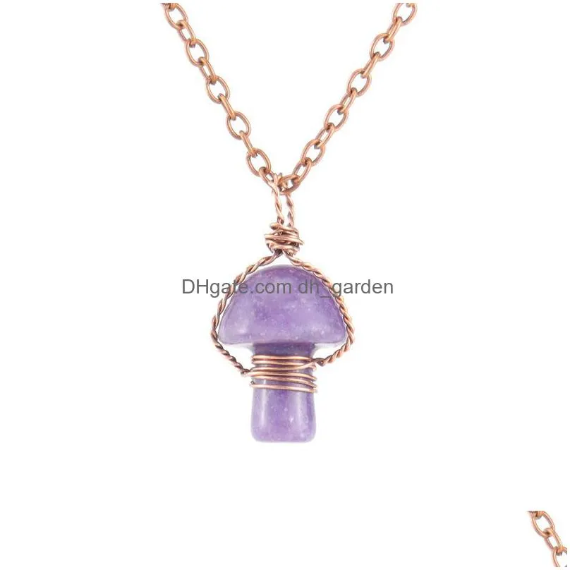 retro wire wrap carving mushroom pendant reiki healing crystal tiger eye rose quartz opal aventurines necklace for women jewelry