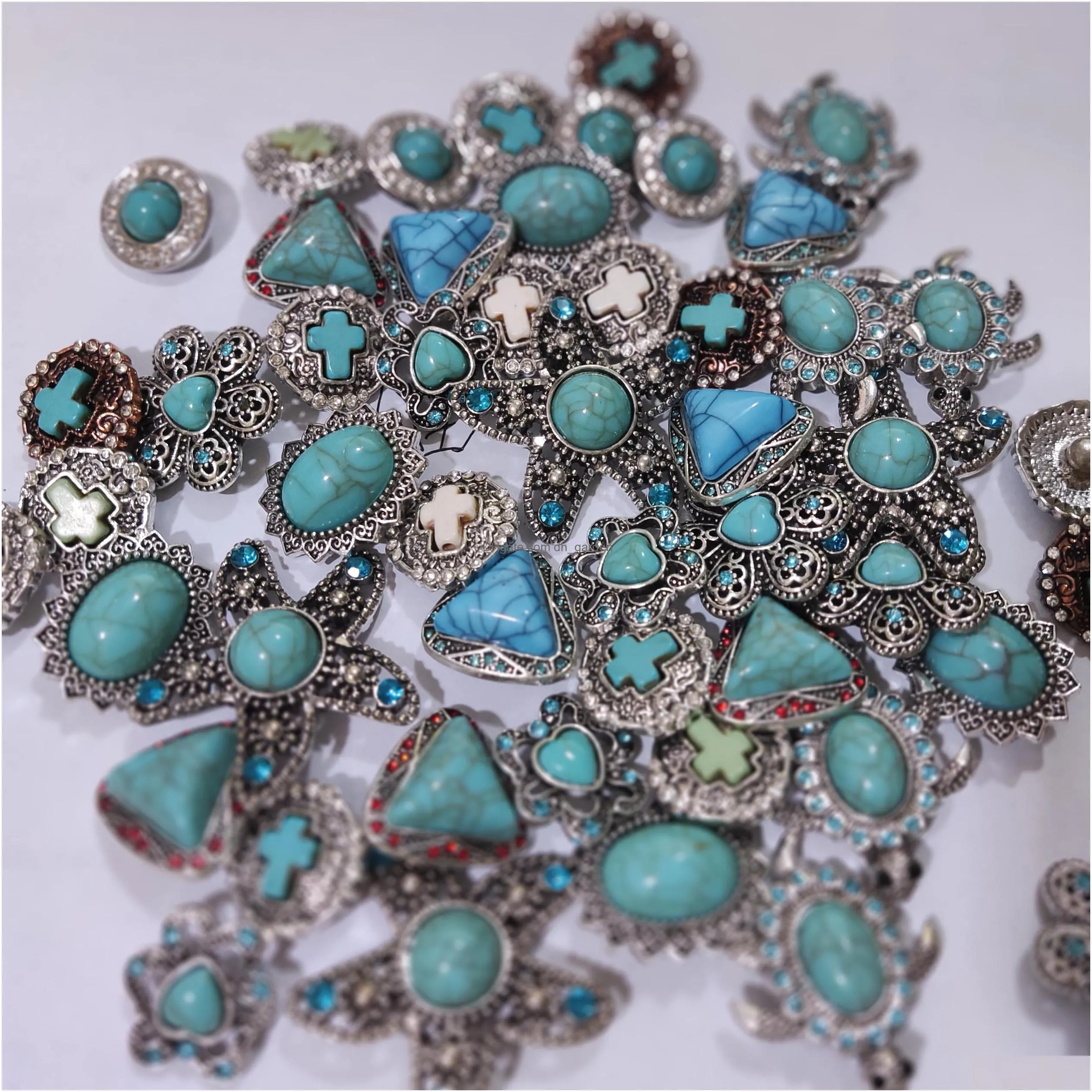 silver color turquoise paved alloy components 18mm snap button charms beads jewelry making diy necklace earrings bracelet supplier