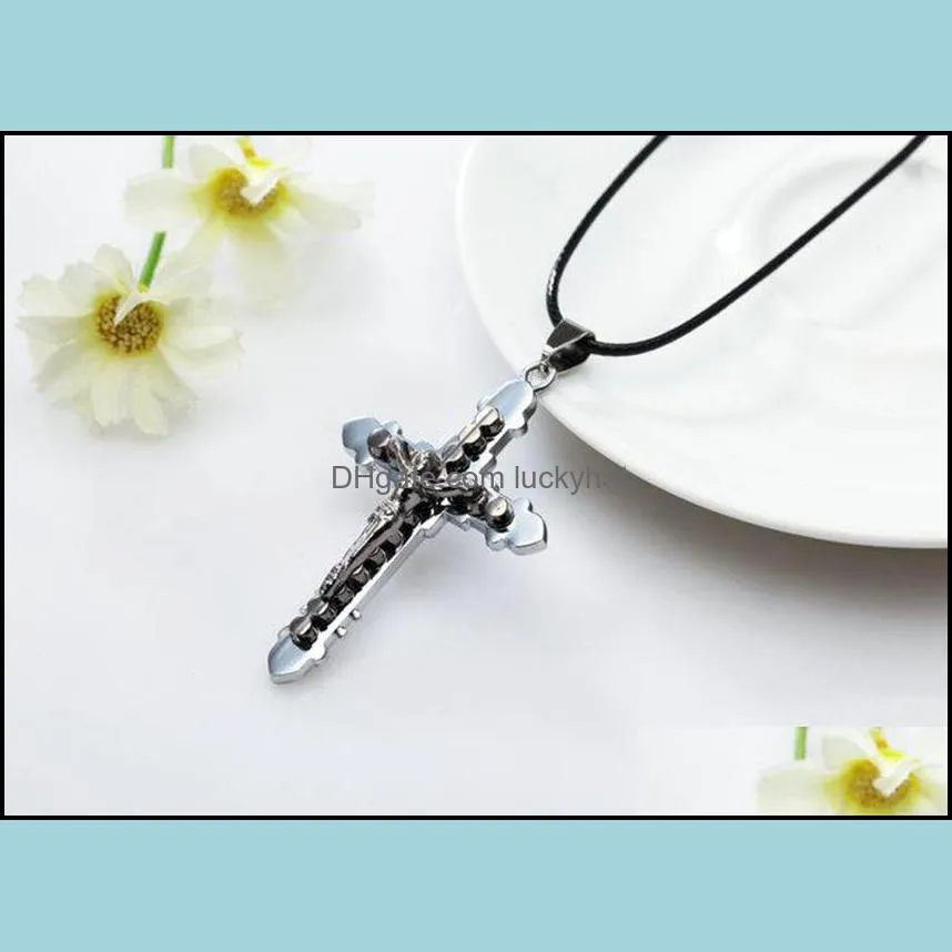 cross necklaces jesus christ crucifix with leather chain necklace luckyhat