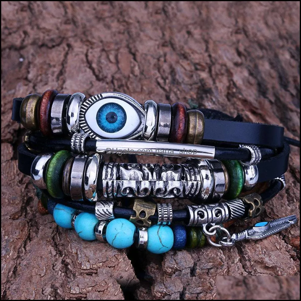 vintage multilayer leather rope bracelet men fashion braided handmade lucky eye rope wrap bracelets bangles male gift wholesale