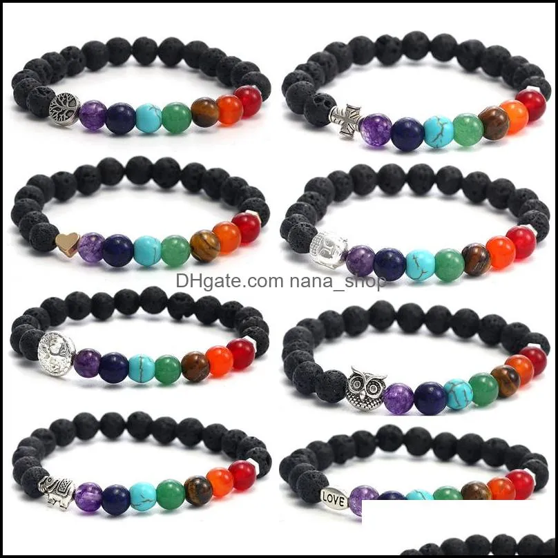 fashion natural black lava stone beads bracelets for men buddha head tree of life charm 7 reiki chakras beaded yoga balance bracelet