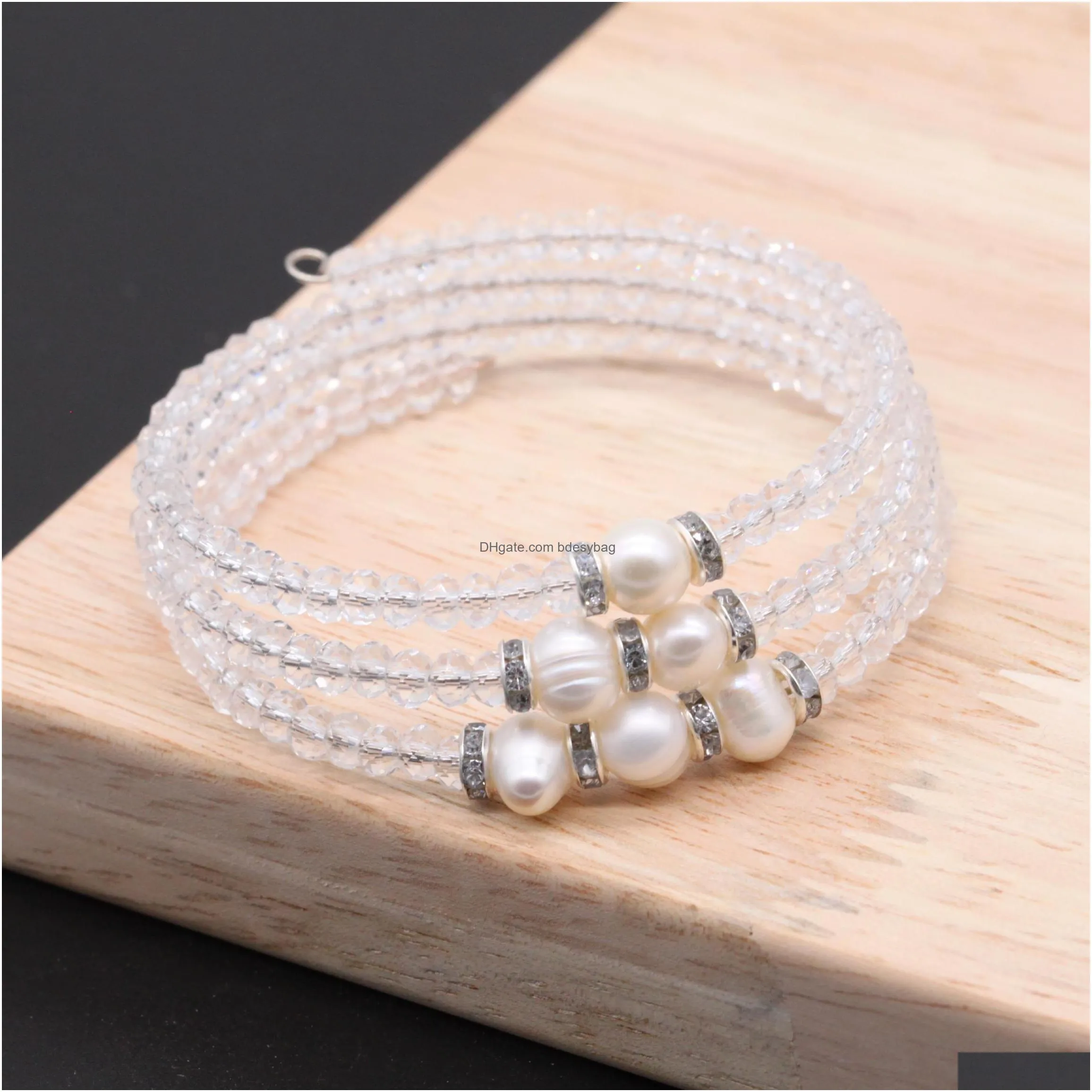 elastic pearl bracelets 3 layers crystal beads freshwater white pearl bracelet charm bangles women jewelry gifts