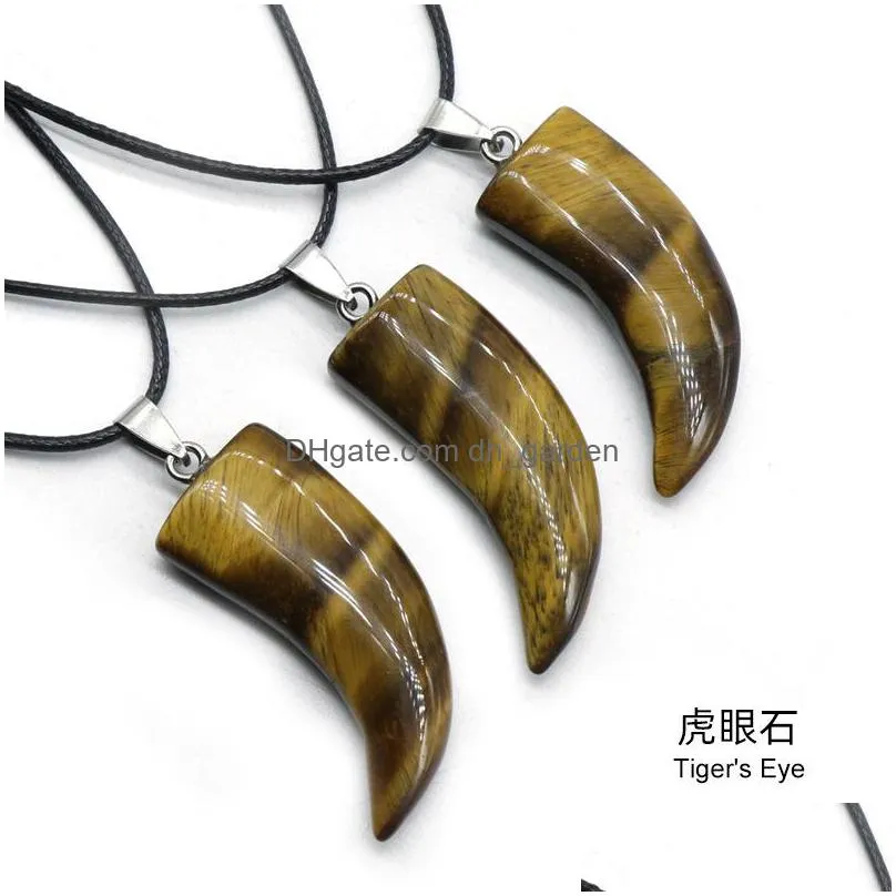 natural stone gem carved ox horn shape pendant rose quartz crystal jade onyx necklace healing guardian jewelry for men rope chain