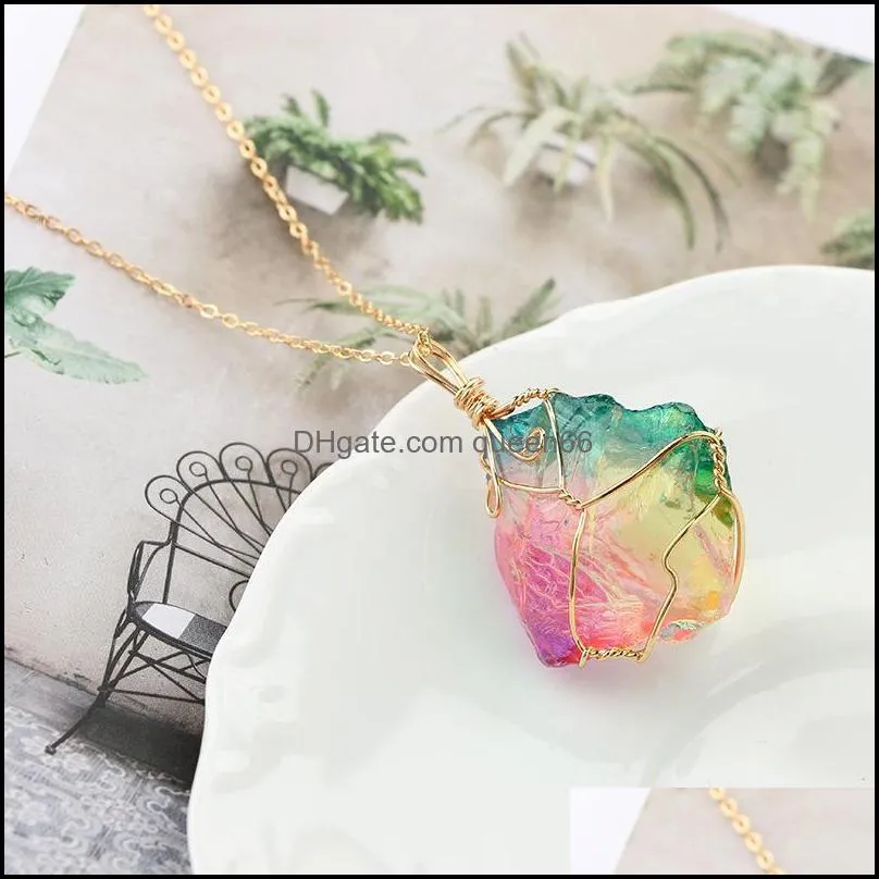 pretty rainbow stone beautifully pendant necklace crystal quartz healing point chakra rock necklace color gold chain necklace