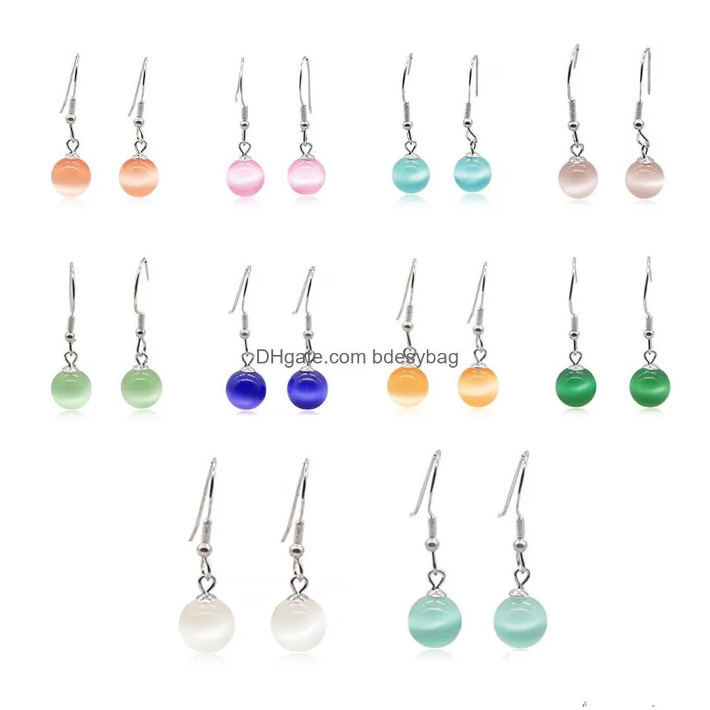 fashion jewelry 925 sterling silver dangle stone earrings 19 colors natural crystal cat eye drop earring pair for women