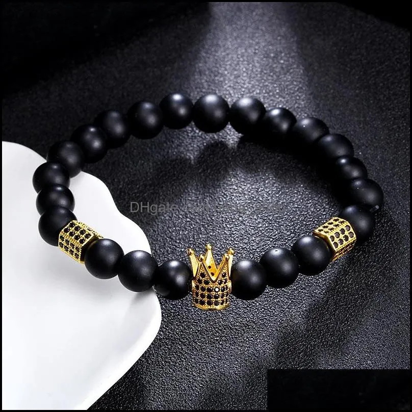 luxury high quality micro pave black cz zirconia gold king crown charm bracelet men dull polish matte stone bead bracelet handmade