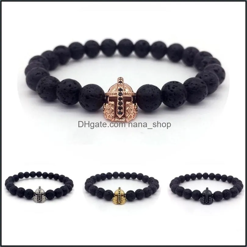 2018 trendy ball black lava stone bead bracelets pave cz king crown and helmet charm bracelet for men women luxury jewelry gift