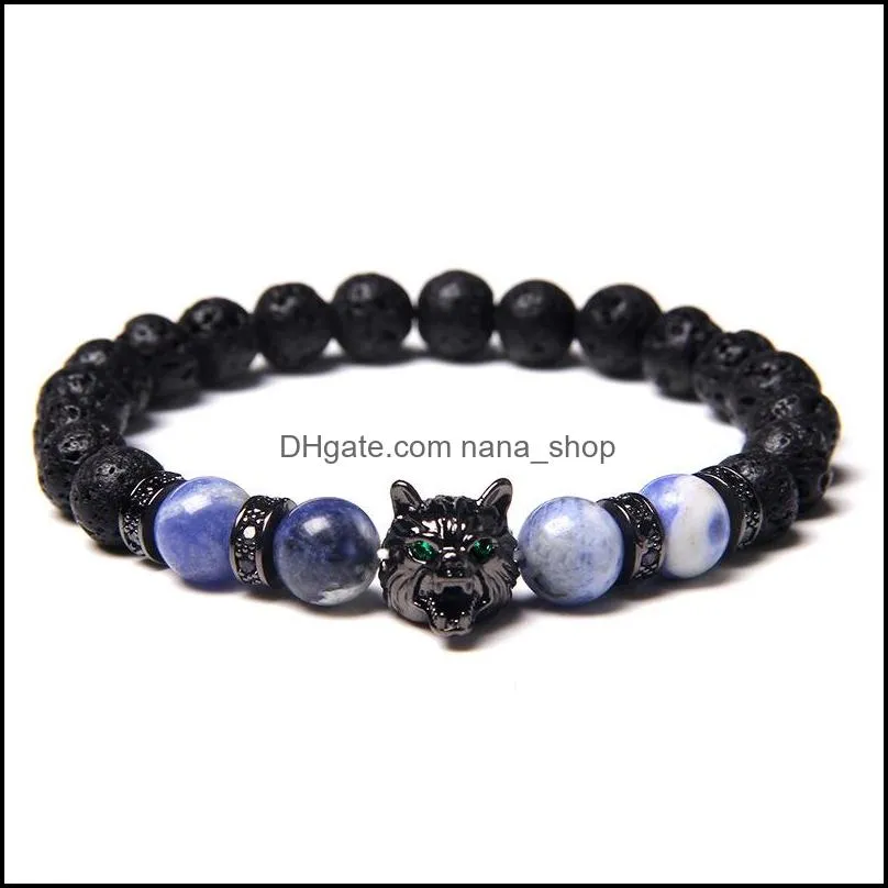 handmade 8mm beaded bracelet strands men natural stone blue tiger eye beads bracelets black wolf head charm energy jewelry