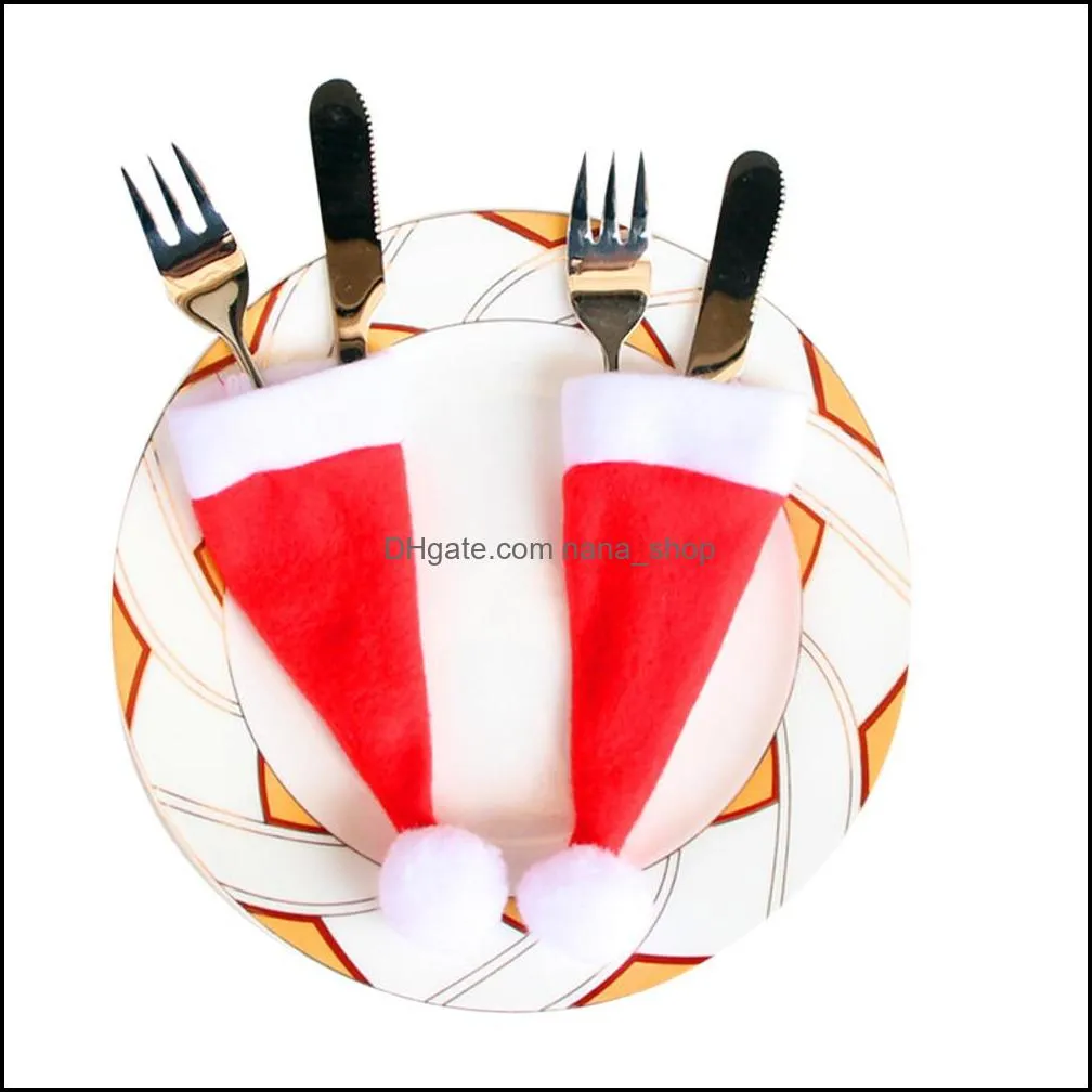 christmas decorative tableware knife fork set christmas hat 10pcs/lot christmas caps cutlery fork spoon holder packaging