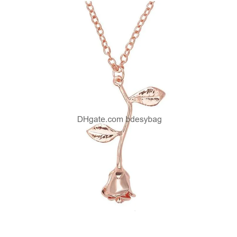 rose pendant necklace love wish flower silver gold rose gold plated necklace for valentines day best gift for women or girls