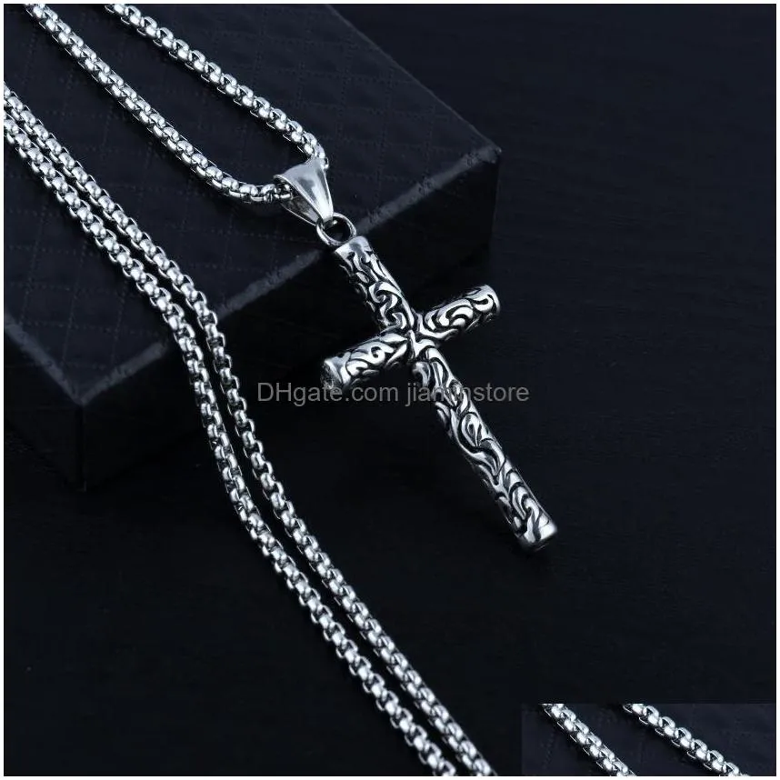 fashion jewelry vintage personality carving cross necklace titanium steel chain cross pendant necklace